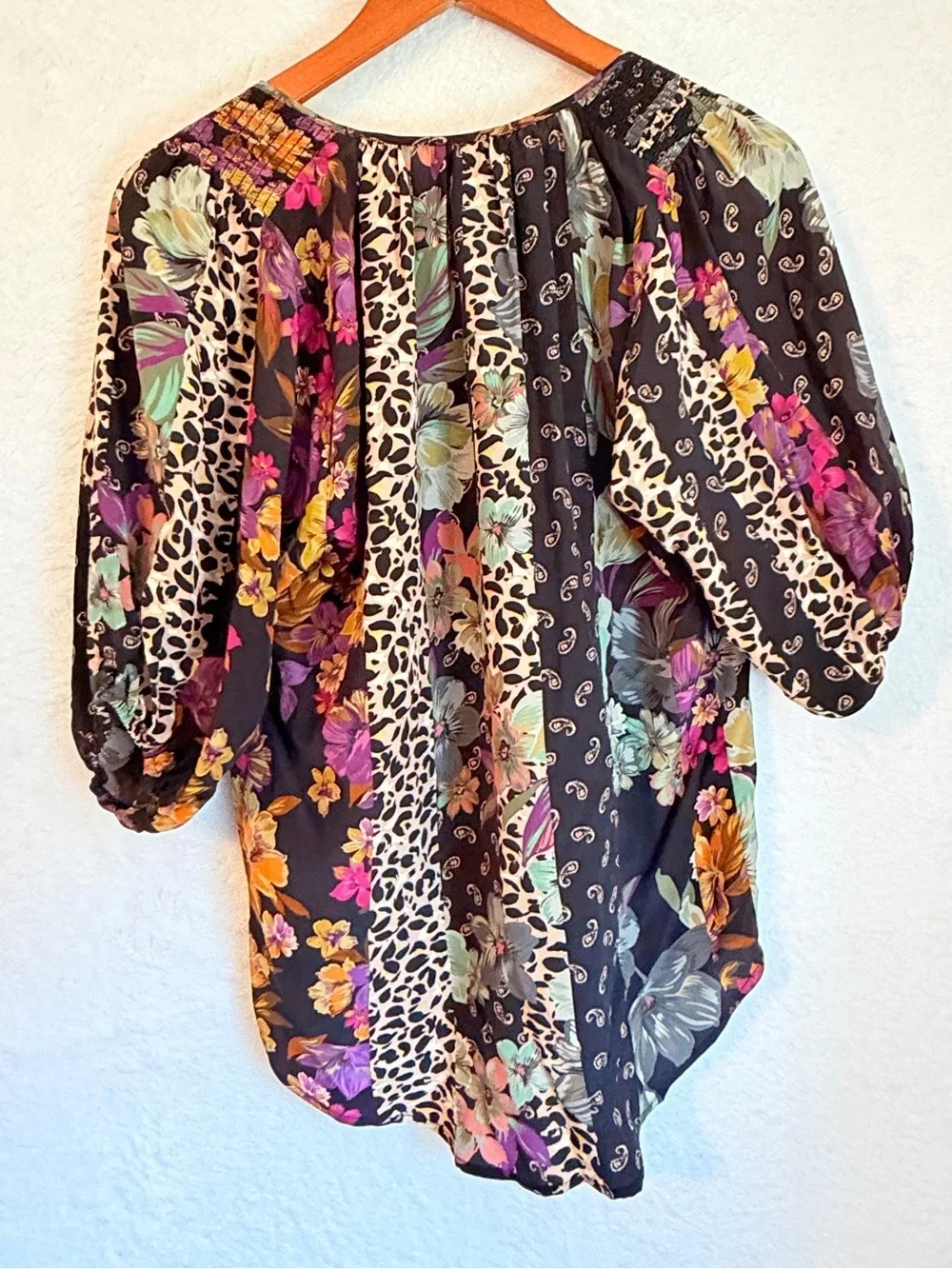 Johnny Was Jade Silk Floral Leopard Patchwork Boho Peasant Blouse XXS